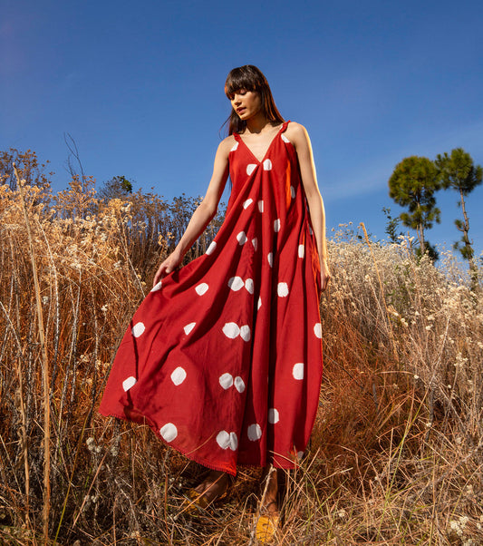Red Polka dots Maxi Dress by Khara Kapas with Best Selling, FB ADS JUNE, Maxi Dresses, Mul Cotton, Natural, Polka Dots, Printed Selfsame, Prints, Red, Regular Fit, Sleeveless Dresses, Strap Dresses, Wilderness, Wilderness by Khara Kapas, Womenswear at Kamakhyaa for sustainable fashion