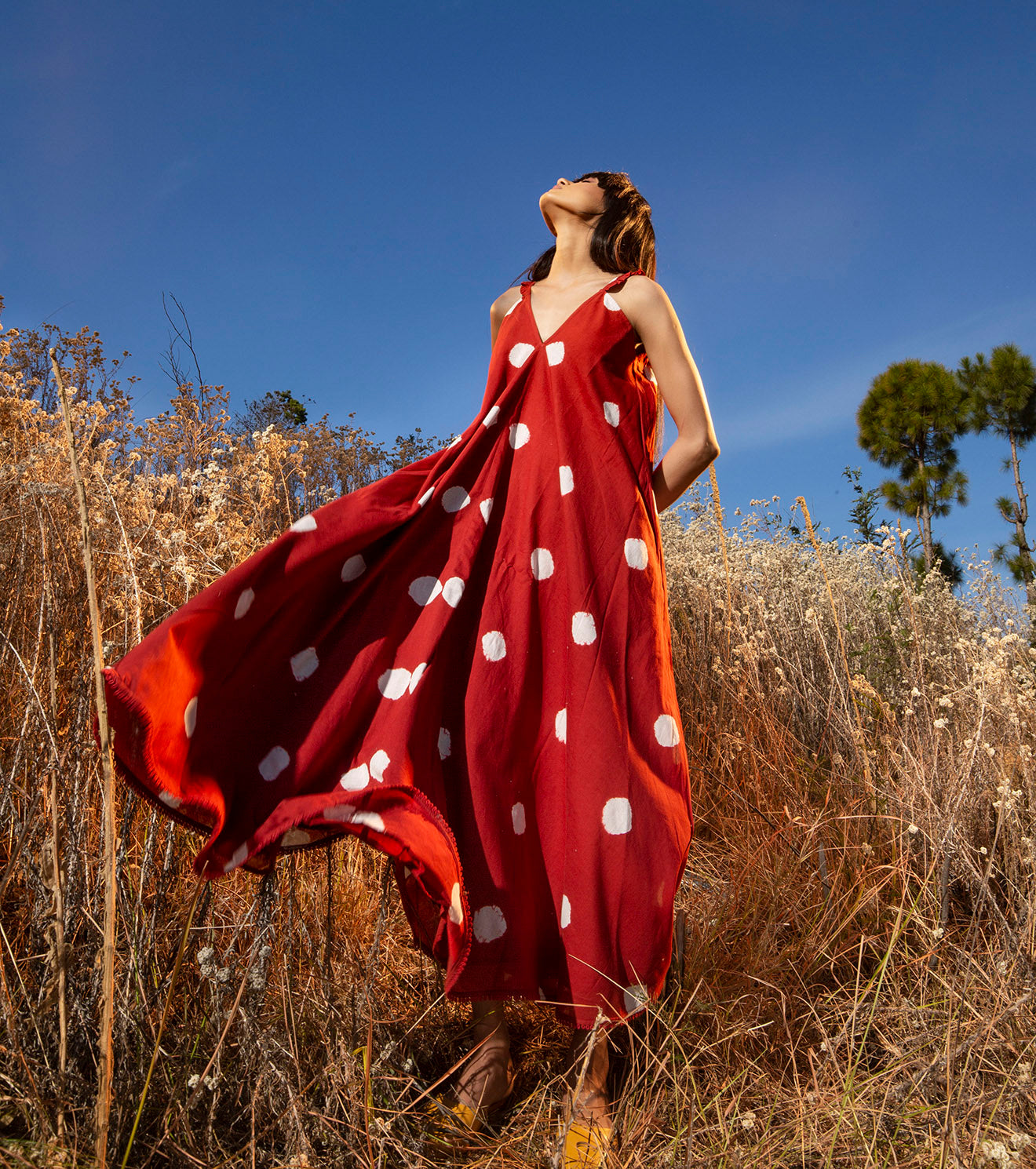 Red Polka dots Maxi Dress Dresses Dresses, Mul Cotton, Natural, Prints, Wilderness Khara Kapas Kamakhyaa