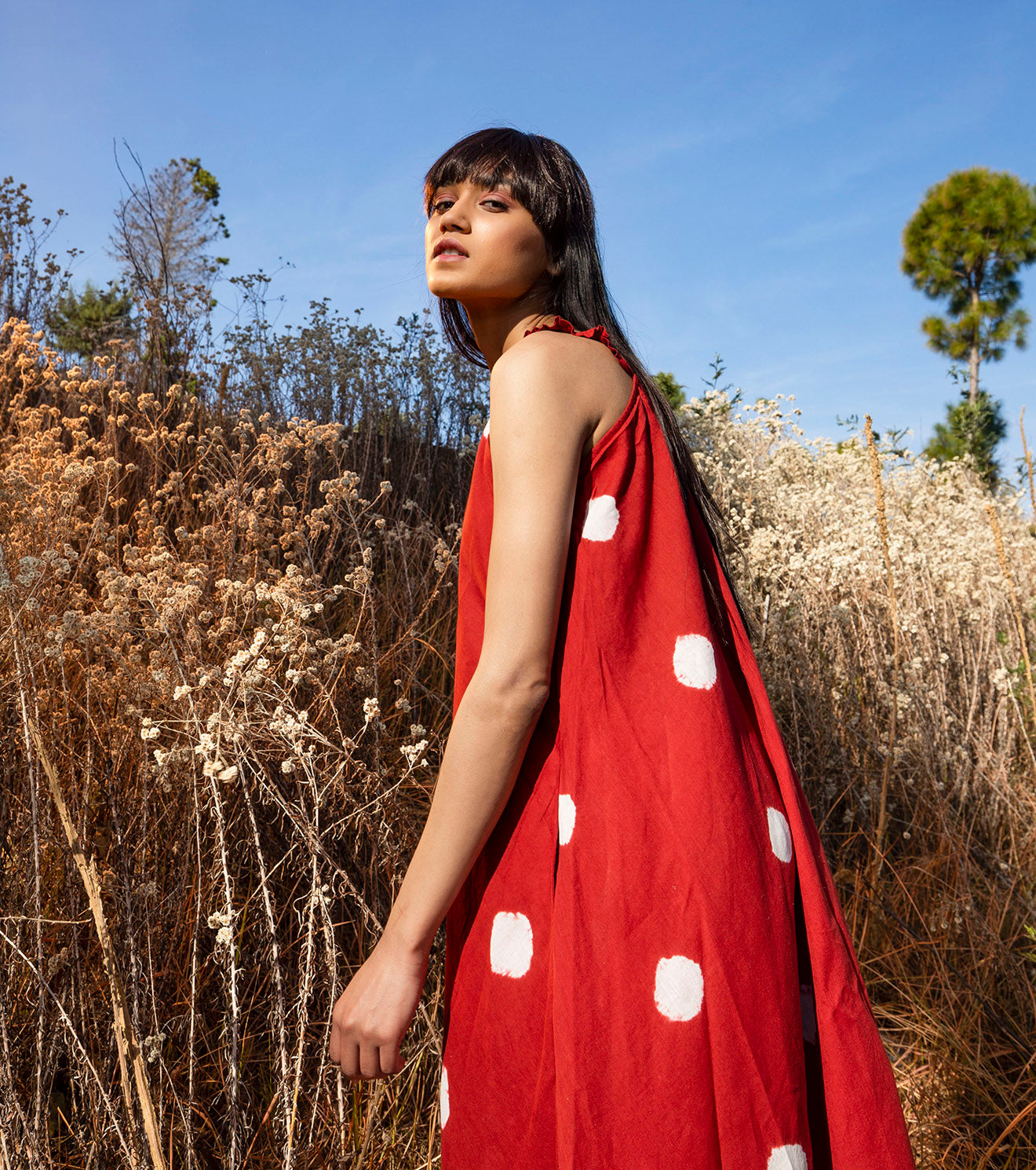 Red Polka dots Maxi Dress Dresses Dresses, Mul Cotton, Natural, Prints, Wilderness Khara Kapas Kamakhyaa