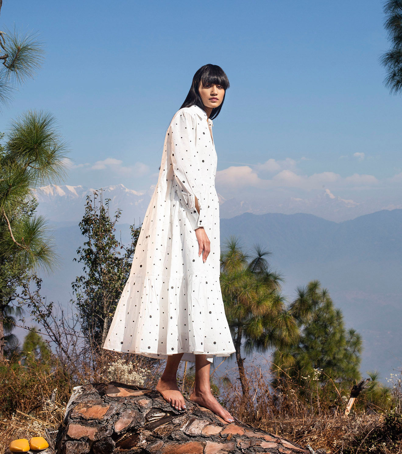 White Midi Dress With Polka Dot by Khara Kapas with Midi Dresses, Mul Cotton, Natural, Polka Dots, Prints, Regular Fit, Tiered Dresses, White, Wilderness, Wilderness by Khara Kapas, Womenswear at Kamakhyaa for sustainable fashion