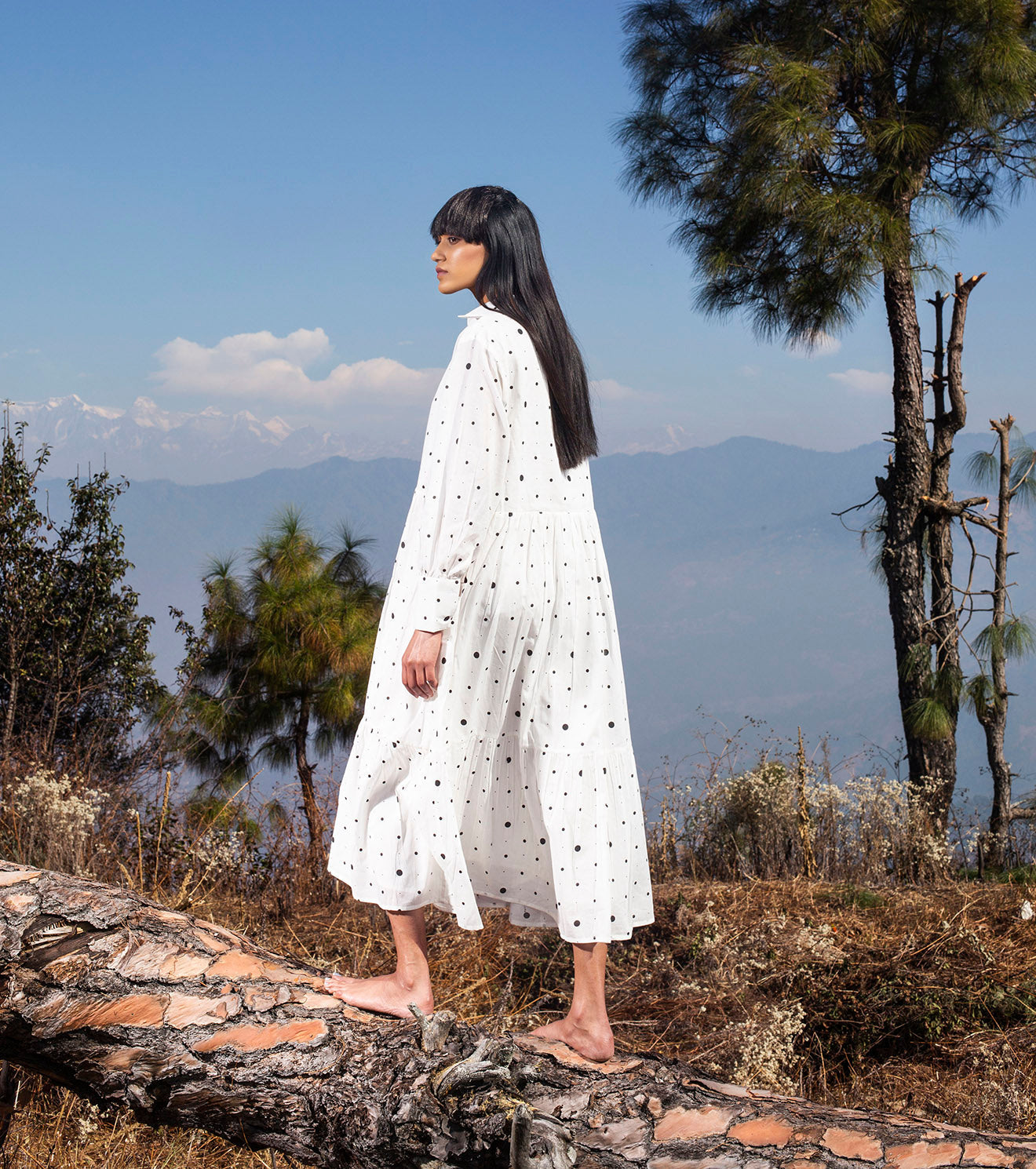 White Midi Dress With Polka Dot by Khara Kapas with Midi Dresses, Mul Cotton, Natural, Polka Dots, Prints, Regular Fit, Tiered Dresses, White, Wilderness, Wilderness by Khara Kapas, Womenswear at Kamakhyaa for sustainable fashion