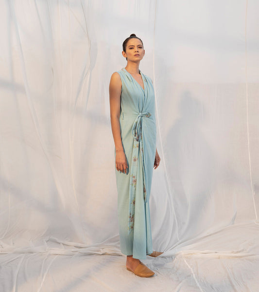Blue Wrap Dress by Khara Kapas with Blue, Evening Wear, Mulmul, Natural, Regular Fit, Sienna by Khara Kapas, Solids, Womenswear, Wrap Dresses at Kamakhyaa for sustainable fashion