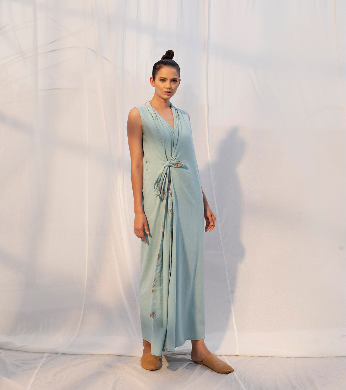 Blue Wrap Dress Dresses Mulmul, Natural, Regular Fit, Sienna KK, Solids, Khara Kapas Kamakhyaa