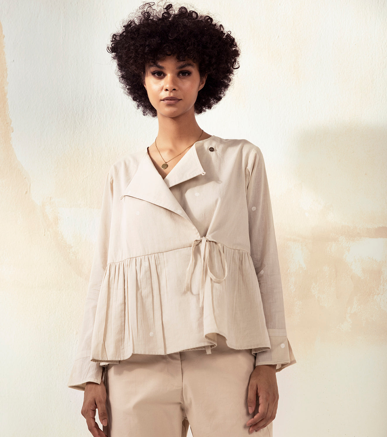 Beige Full Sleeve Top by Khara Kapas with An Endless Summer by Khara Kapas, Beige, Cotton, Endless Summer, Natural, Regular Fit, Resort Wear, Solids, Tops, Womenswear, Wrap Tops at Kamakhyaa for sustainable fashion