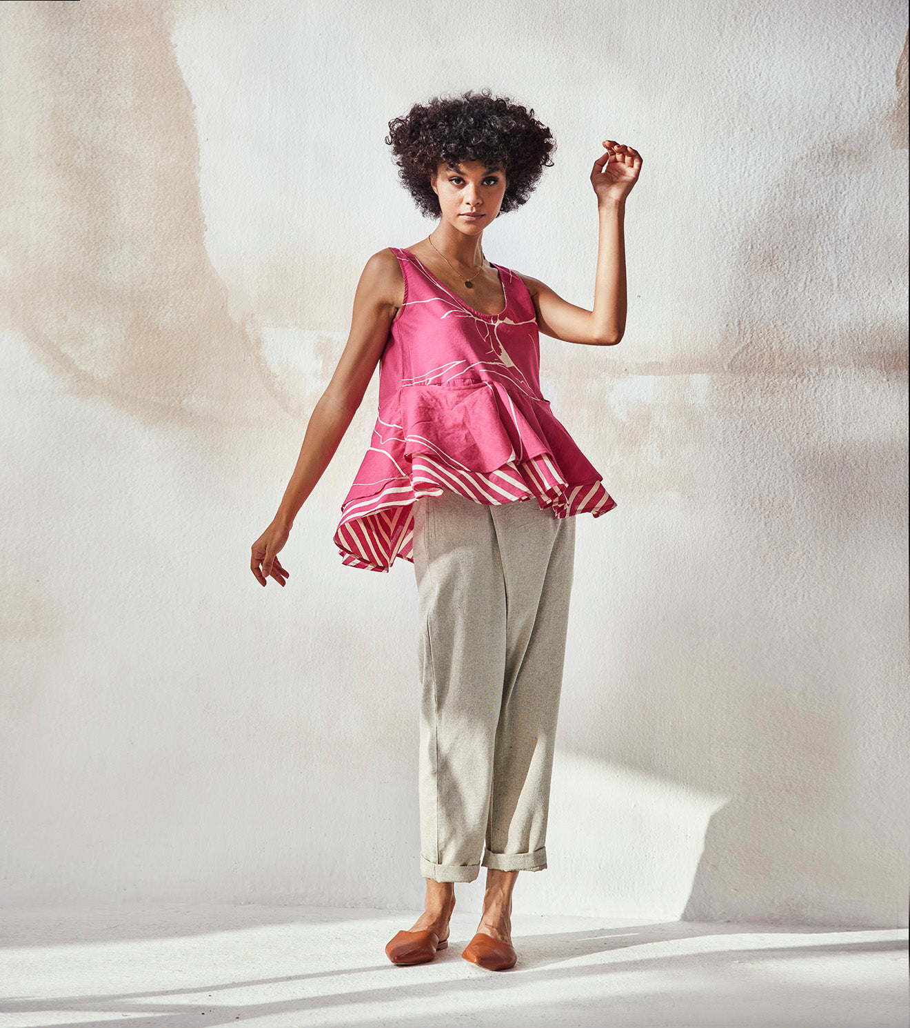 Pink Top by Khara Kapas with An Endless Summer by Khara Kapas, Endless Summer, Mulmul, Natural, Peplum Tops, Pink, Prints, Regular Fit, Resort Wear, Sleeveless Tops, Tops, Womenswear at Kamakhyaa for sustainable fashion