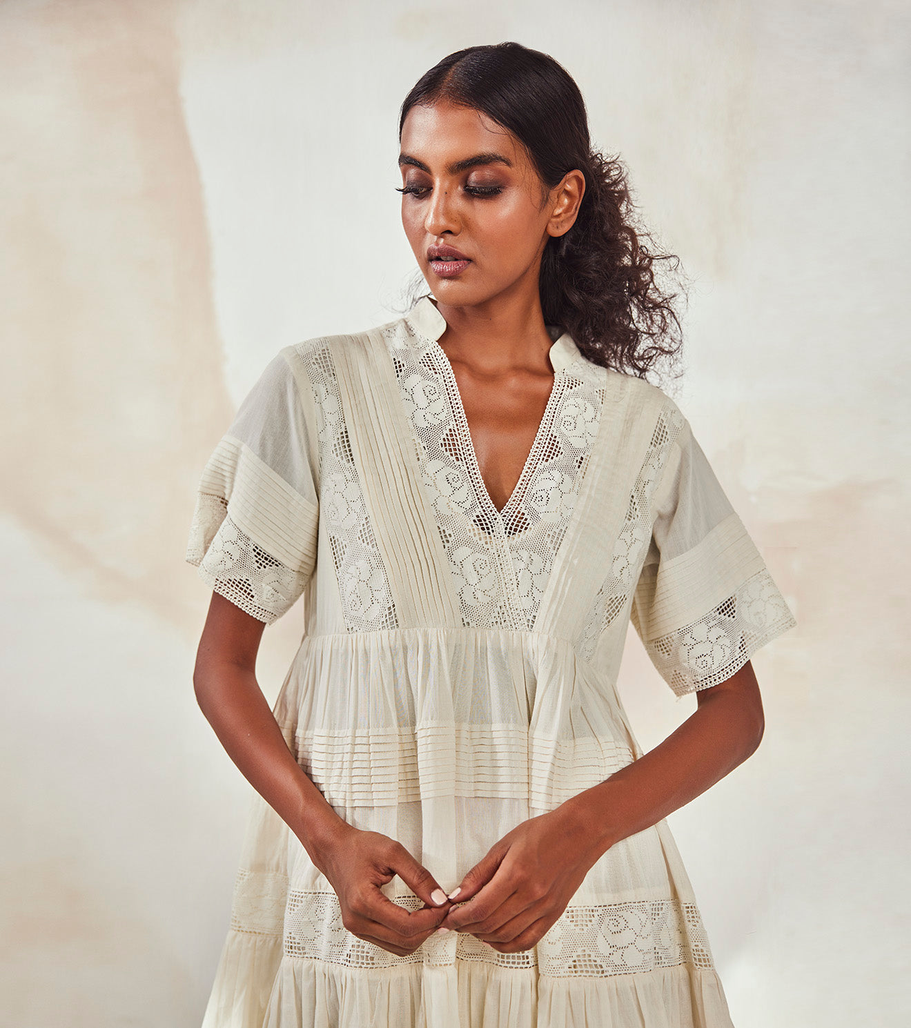 White Mini Dress by Khara Kapas with An Endless Summer by Khara Kapas, Endless Summer, Mini Dresses, Mulmul, Natural, Regular Fit, Resort Wear, Solids, Tiered Dresses, White, Womenswear at Kamakhyaa for sustainable fashion
