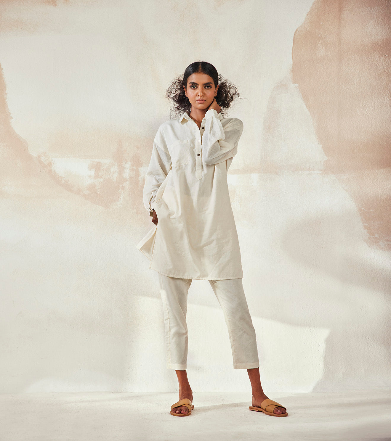 White Camilia Co-ord Set by Khara Kapas with An Endless Summer by Khara Kapas, Co-ord Sets, Endless Summer, Mulmul, Natural, Prints, Regular Fit, Resort Wear, Travel, Travel Co-ords, White, Womenswear at Kamakhyaa for sustainable fashion