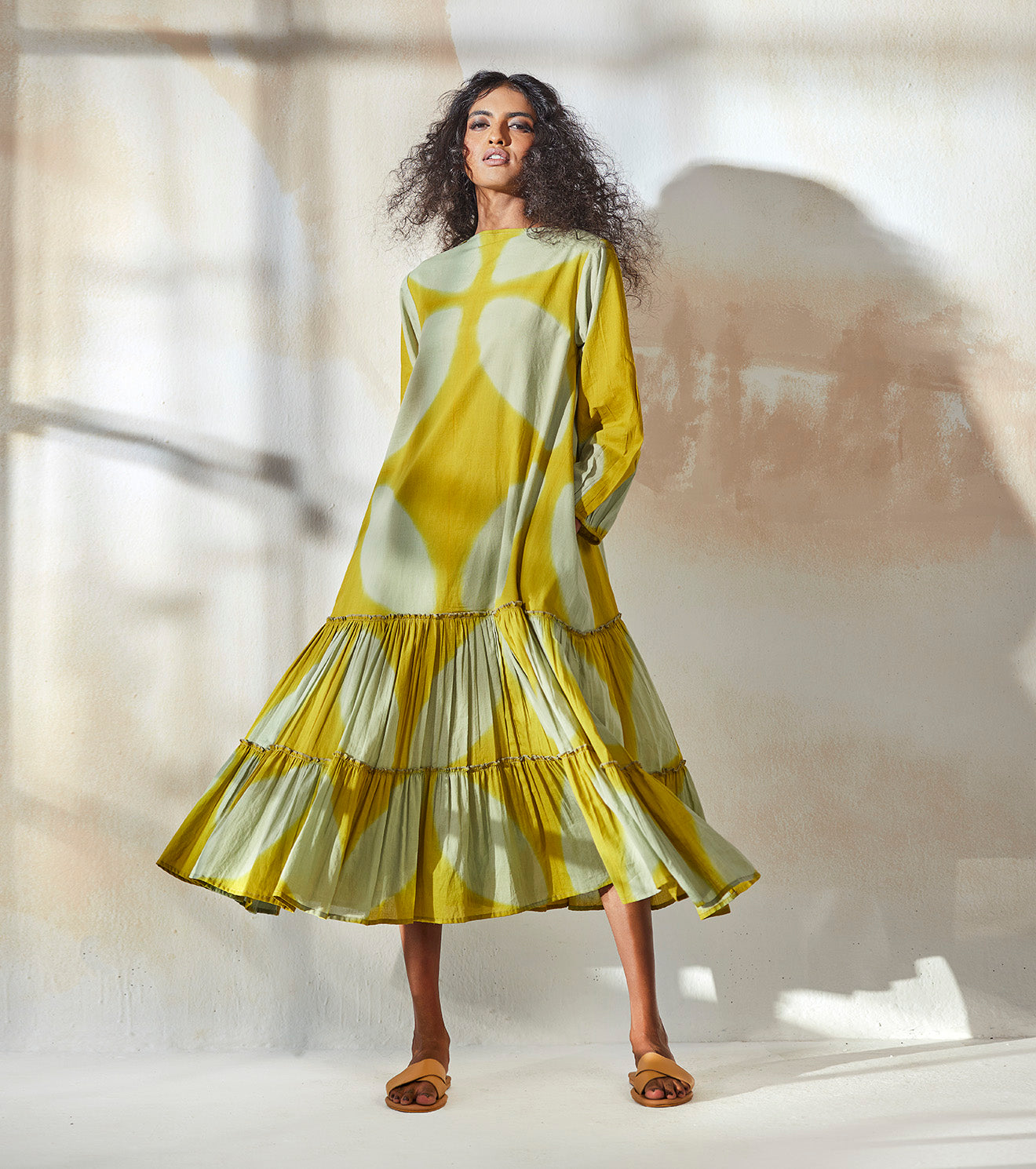 Yellow Tiered Dress by Khara Kapas with An Endless Summer by Khara Kapas, Endless Summer, Mulmul, Natural, Printed Selfsame, Prints, Regular Fit, Resort Wear, Tiered Dresses, Womenswear, Yellow at Kamakhyaa for sustainable fashion