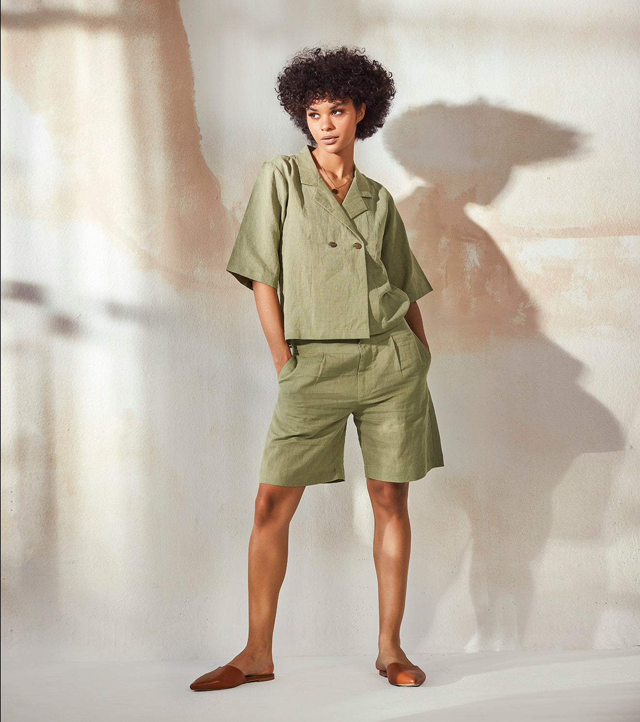 Green Top Short Sets by Khara Kapas with An Endless Summer by Khara Kapas, Co-ord Sets, Endless Summer, Fitted At Waist, For Siblings, Green, Linen, Natural, Resort Wear, Short Sets, Solids, Travel, Travel Co-ords, Womenswear at Kamakhyaa for sustainable fashion