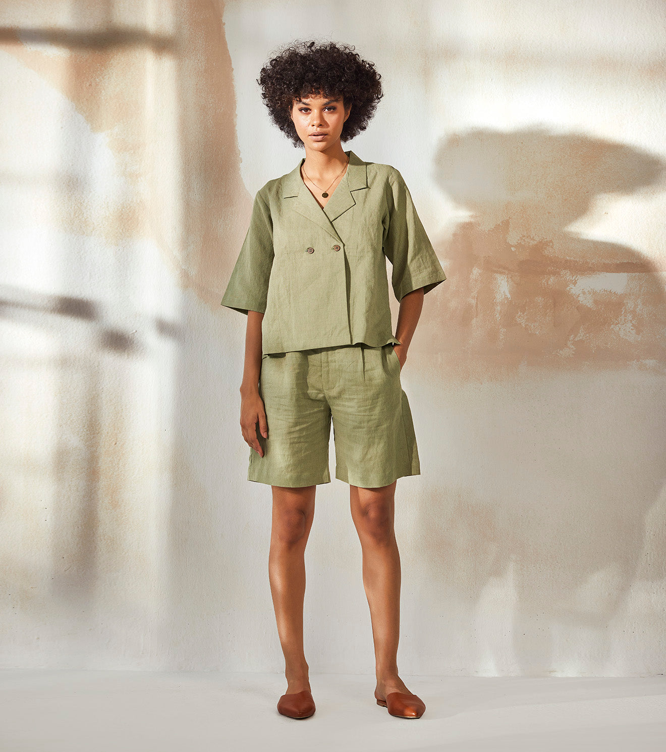 Green Top Short Sets by Khara Kapas with An Endless Summer by Khara Kapas, Co-ord Sets, Endless Summer, Fitted At Waist, For Siblings, Green, Linen, Natural, Resort Wear, Short Sets, Solids, Travel, Travel Co-ords, Womenswear at Kamakhyaa for sustainable fashion