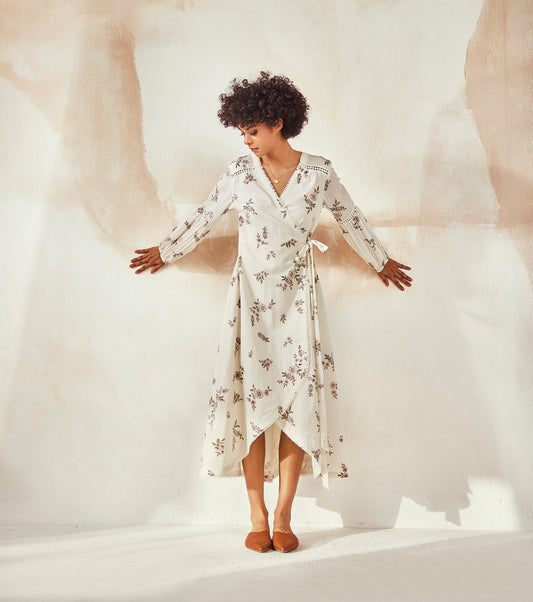 White Midi Dresses by Khara Kapas with An Endless Summer by Khara Kapas, Endless Summer, Midi Dresses, Mulmul, Natural, Prints, Regular Fit, Resort Wear, White, Womenswear, Wrap Dresses at Kamakhyaa for sustainable fashion