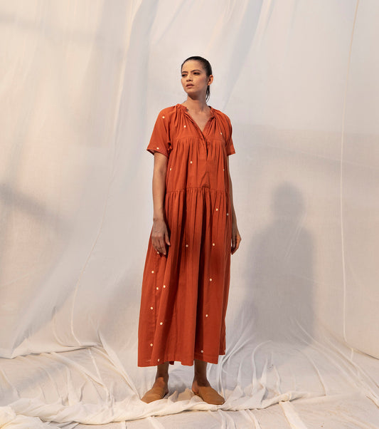 Red Midi Dress with Pockets by Khara Kapas with Evening Wear, Midi Dresses, Mulmul, Natural, Red, Sienna by Khara Kapas, Solid Selfmade, Solids, Tiered Dresses, Womenswear at Kamakhyaa for sustainable fashion