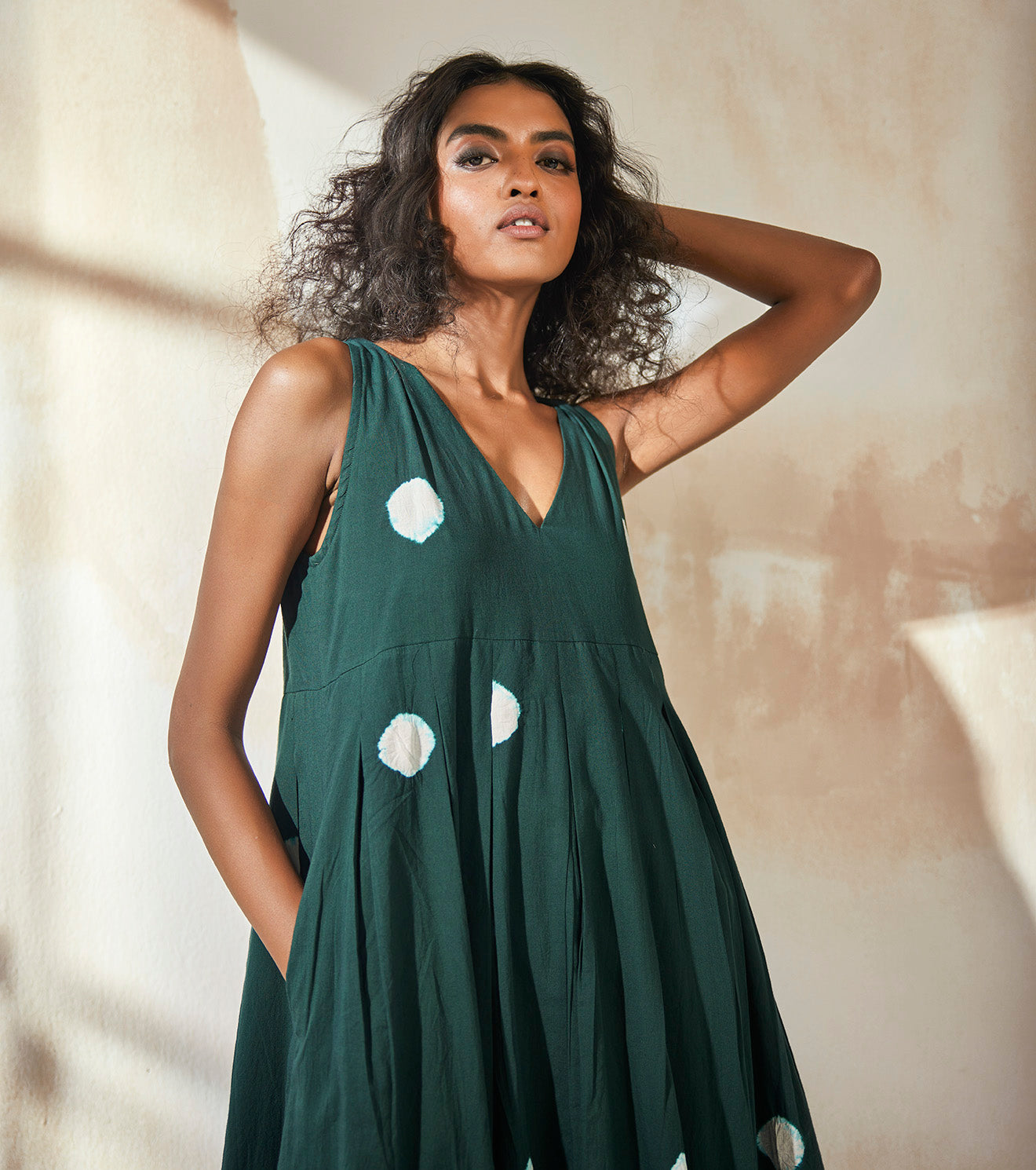 Green Polka Dots Tiered Maxi Dress Dresses Endless Summer, Green, Dresses, Mulmul, Regular Fit, Khara Kapas Kamakhyaa