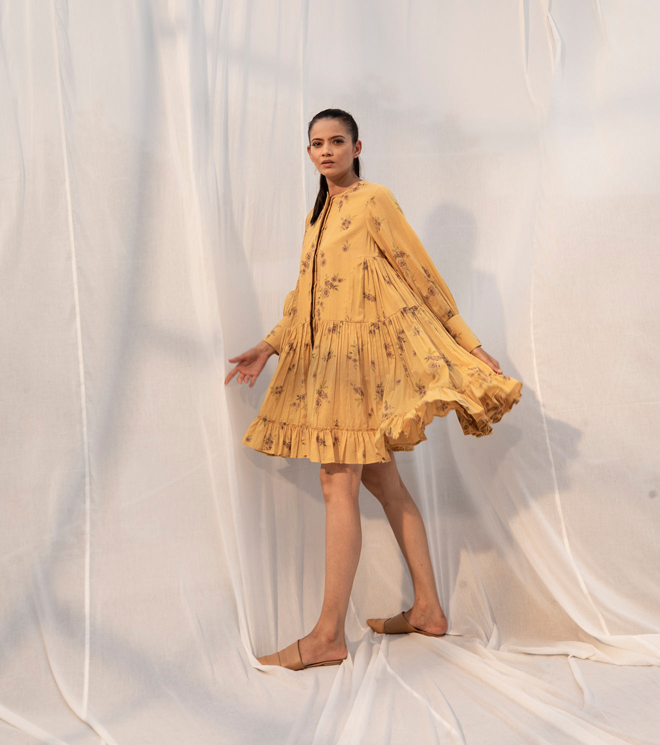 Yellow Tiered Mini Dress Dresses Mulmul, Natural, Prints, Regular Fit, Sienna KK, Solids, Dresses, Khara Kapas Kamakhyaa