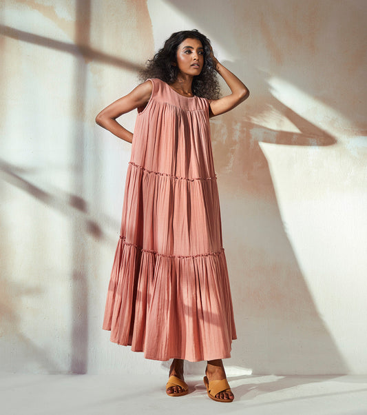Peach Maxi Dress by Khara Kapas with An Endless Summer by Khara Kapas, Cotton, Endless Summer, Maxi Dresses, Natural, Pink, Regular Fit, Resort Wear, Sleeveless Dresses, Solids, Tiered Dresses, Womenswear at Kamakhyaa for sustainable fashion