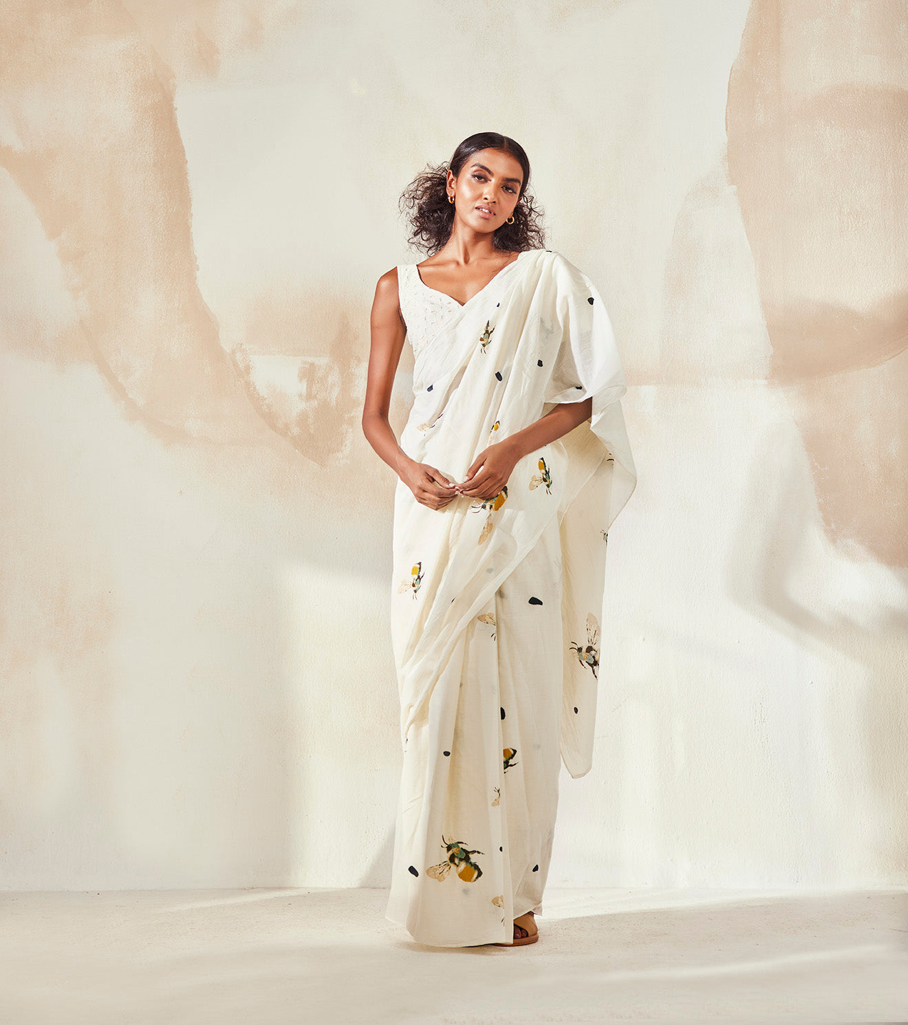 White Saree Indian Wear Endless Summer, Mulmul, Natural, Prints, Sarees, Khara Kapas Kamakhyaa