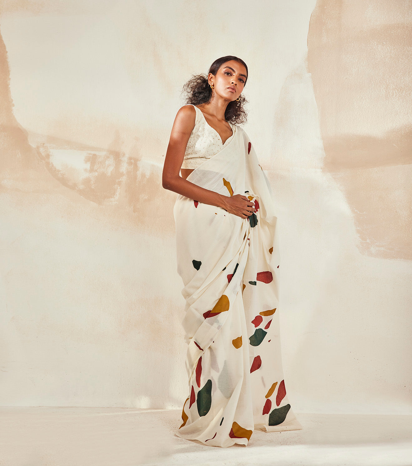 White Saree with Blouse at Kamakhyaa by Khara Kapas. This item is Endless Summer, Indian Wear, Mulmul, Natural, Prints, Regular Fit, Resort Wear, Saree Sets, White, Womenswear