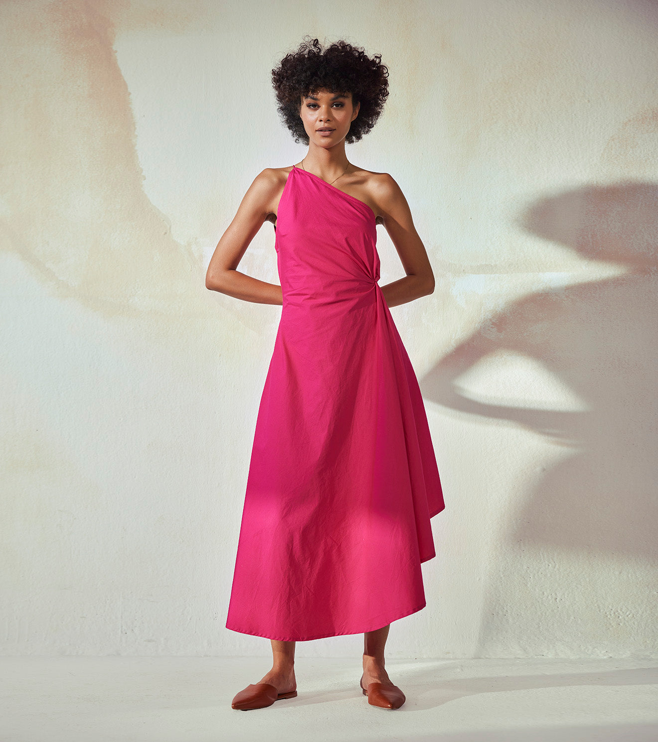 Pink Maxi Dress by Khara Kapas with An Endless Summer by Khara Kapas, Endless Summer, FB ADS JUNE, Highend fashion, Maxi Dresses, Natural, One Shoulder Dresses, Pink, Poplin, Regular Fit, Resort Wear, Solid Selfmade, Solids, Womenswear at Kamakhyaa for sustainable fashion