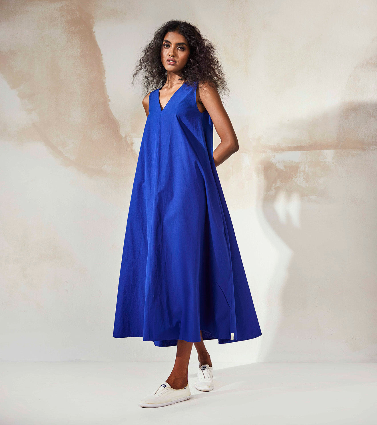 Blue Sleeveless Midi Dress Dresses Blue, Endless Summer, Natural, Poplin, Regular Fit, Solids Khara Kapas Kamakhyaa