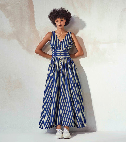 Blue Sleeveless Maxi Dress by Khara Kapas with An Endless Summer by Khara Kapas, Blue, Endless Summer, FB ADS JUNE, For Daughter, Maxi Dresses, Mulmul, Natural, Regular Fit, Resort Wear, Sleeveless Dresses, Stripes, Womenswear at Kamakhyaa for sustainable fashion