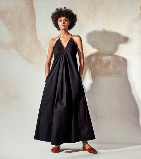Black Sleeveless Maxi Dress by Khara Kapas with An Endless Summer by Khara Kapas, Black, Endless Summer, For Daughter, Highend fashion, Maxi Dresses, Natural, Poplin, Regular Fit, Resort Wear, Sleeveless Dresses, Solid Selfmade, Solids, Strap Dresses, Womenswear at Kamakhyaa for sustainable fashion