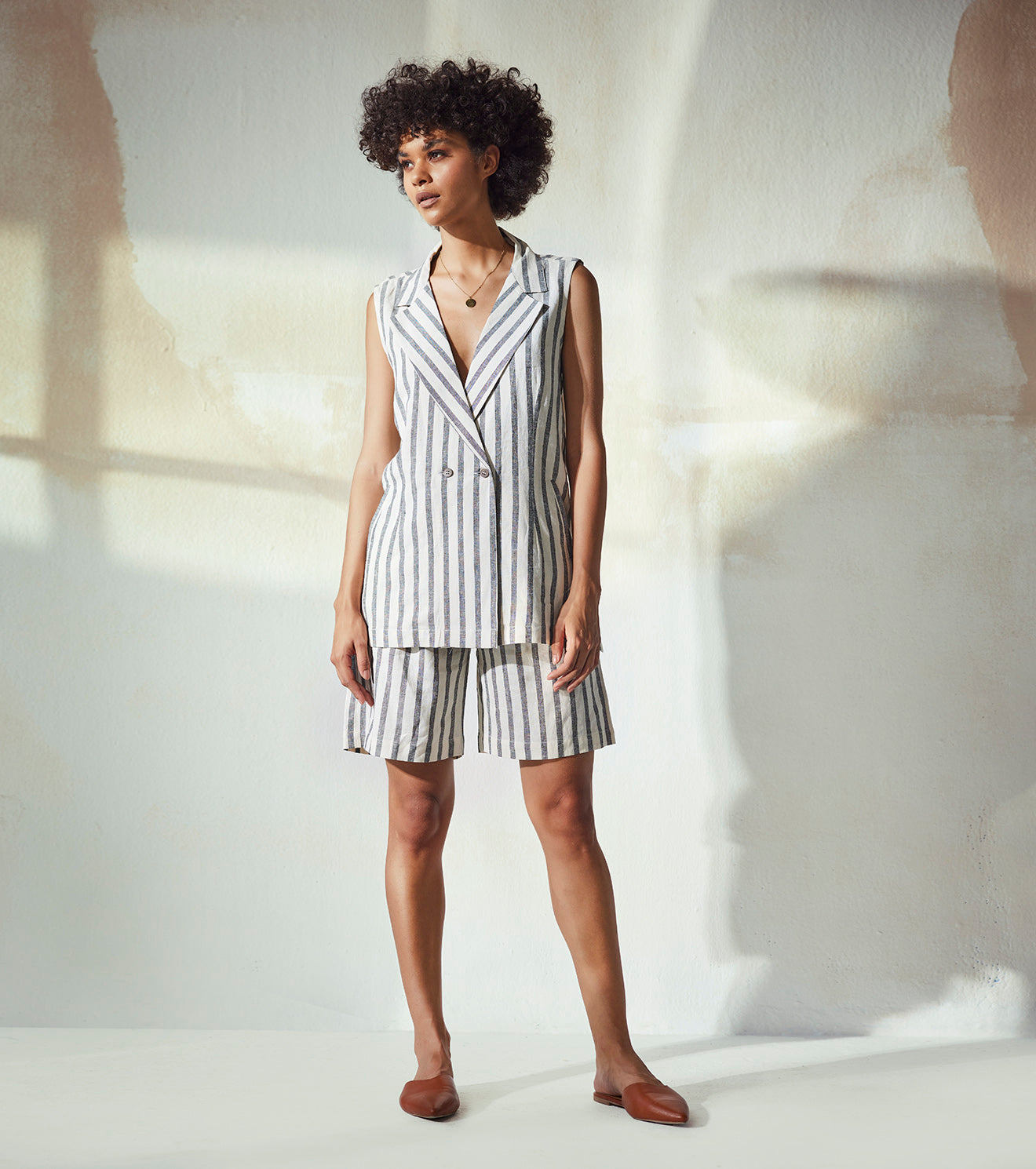 Grey Stripe Co-ord set by Khara Kapas with An Endless Summer by Khara Kapas, Co-ord Sets, Cotton, Endless Summer, Grey, Linen, Mulmul, Natural, Regular Fit, Resort Wear, Selfsame, Short Sets, Stripes, Travel, Travel Co-ords, White, Womenswear at Kamakhyaa for sustainable fashion