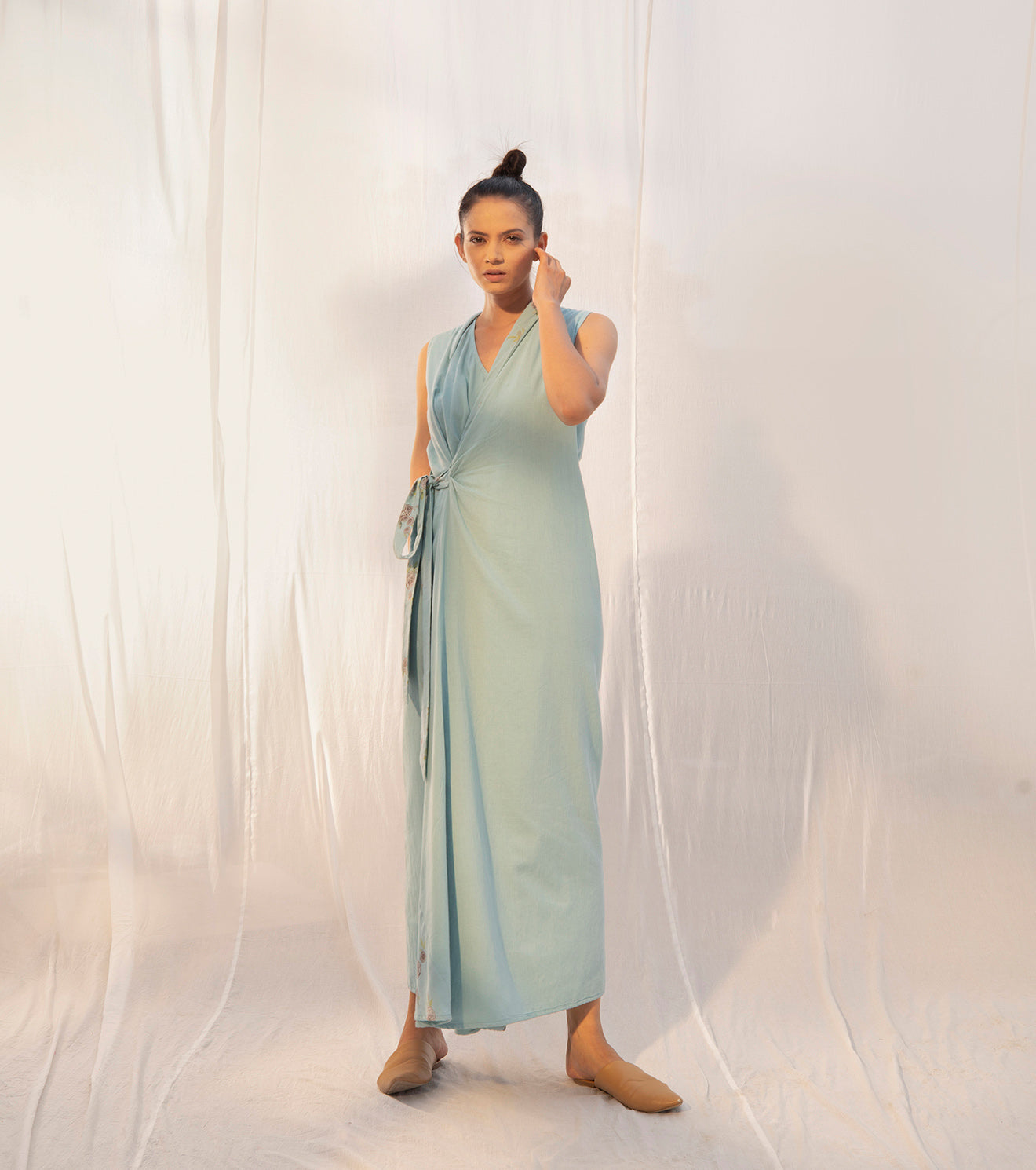 Blue Wrap Dress Dresses Mulmul, Natural, Regular Fit, Sienna KK, Solids, Khara Kapas Kamakhyaa