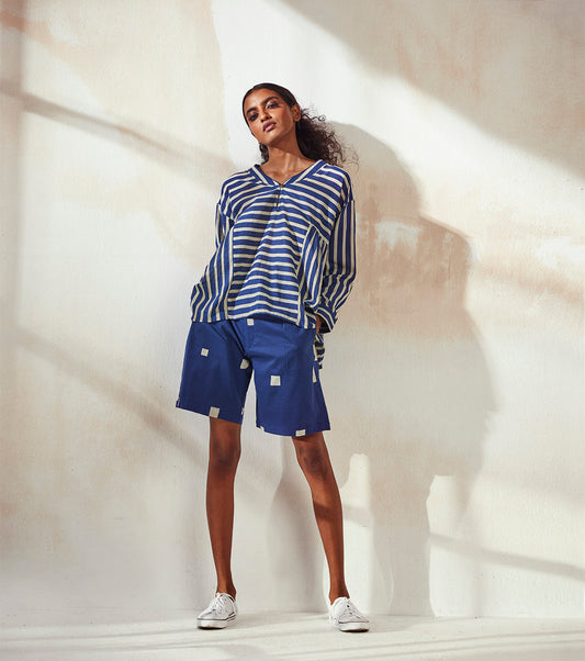 Blue Two Piece Set by Khara Kapas with An Endless Summer by Khara Kapas, Blue, Co-ord Sets, Cotton, Endless Summer, For Siblings, Natural, Regular Fit, Resort Wear, Short Sets, Stripes, Travel, Travel Co-ords, Womenswear at Kamakhyaa for sustainable fashion