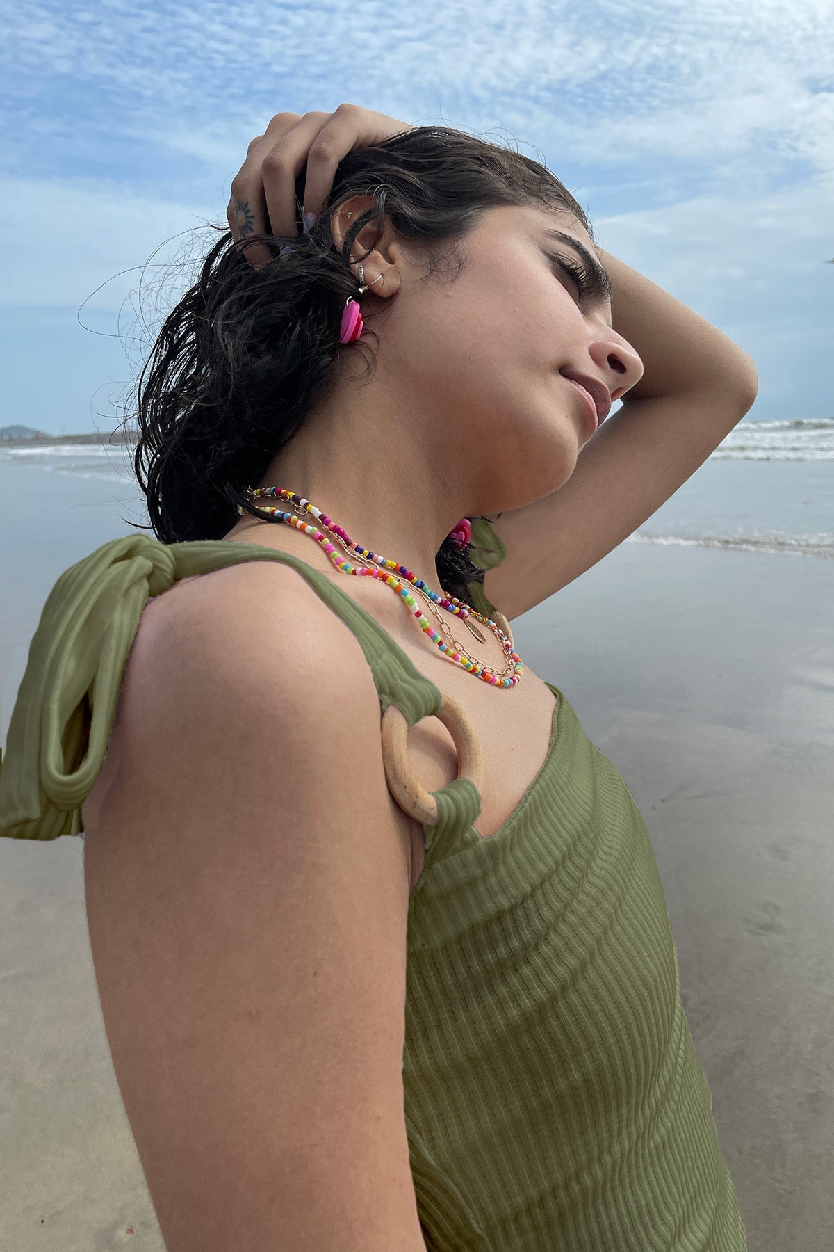 Olive Green Sleeveless Top by Meko Studio with Casual Wear, Cotton, Deadstock Fabrics, July Sale, July Sale 2023, Lycra, Olive Green, Reroot AW-21/22, Reroot by Meko Studio, Slim Fit, Solids, Spaghettis, Womenswear at Kamakhyaa for sustainable fashion