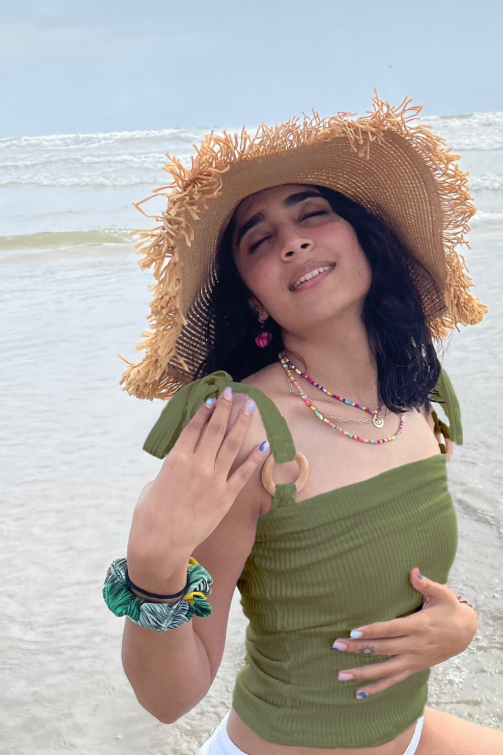 Olive Green Sleeveless Top by Meko Studio with Casual Wear, Cotton, Deadstock Fabrics, July Sale, July Sale 2023, Lycra, Olive Green, Reroot AW-21/22, Reroot by Meko Studio, Slim Fit, Solids, Spaghettis, Womenswear at Kamakhyaa for sustainable fashion