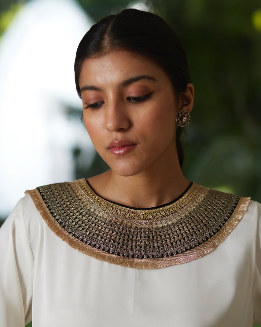 White And Black Satin Silk Kurta Pant Set by Mayura Kumar with Black, Casual Wear, Festive Wear, Kurta Pant Sets, Mayura Kumar, Regular Fit, Satin, Silk, Solids, Timeless Elegance, White, Womenswear at Kamakhyaa for sustainable fashion