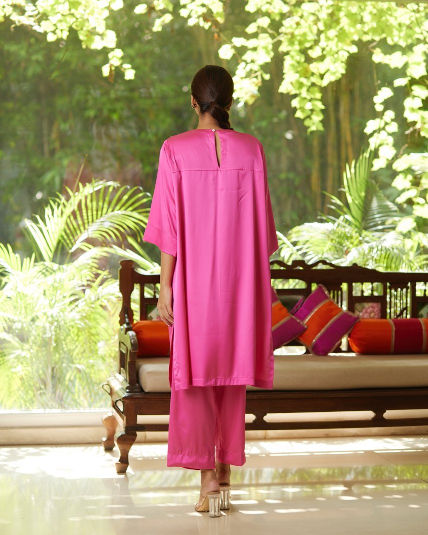 Pink Satin Silk Kurta Set by Mayura Kumar with Casual Wear, Festive Wear, Kurta Pant Sets, Mayura Kumar, Natural, Pink, Regular Fit, Satin, Silk, Solids, Timeless Elegance, Womenswear at Kamakhyaa for sustainable fashion