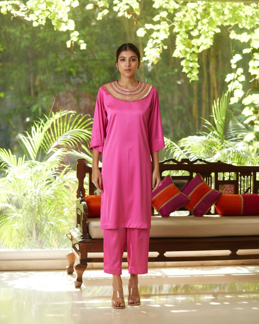 Pink Satin Silk Kurta Set by Mayura Kumar with Casual Wear, Festive Wear, Kurta Pant Sets, Mayura Kumar, Natural, Pink, Regular Fit, Satin, Silk, Solids, Timeless Elegance, Womenswear at Kamakhyaa for sustainable fashion