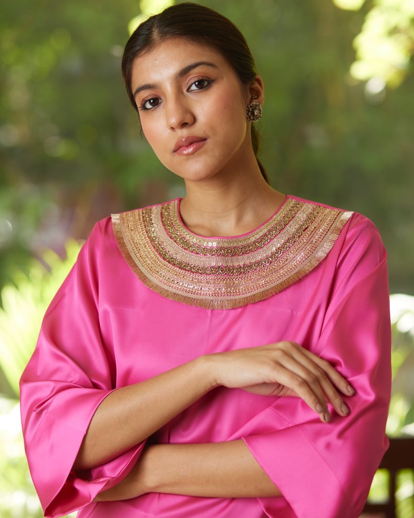 Pink Satin Silk Kurta Set by Mayura Kumar with Casual Wear, Festive Wear, Kurta Pant Sets, Mayura Kumar, Natural, Pink, Regular Fit, Satin, Silk, Solids, Timeless Elegance, Womenswear at Kamakhyaa for sustainable fashion