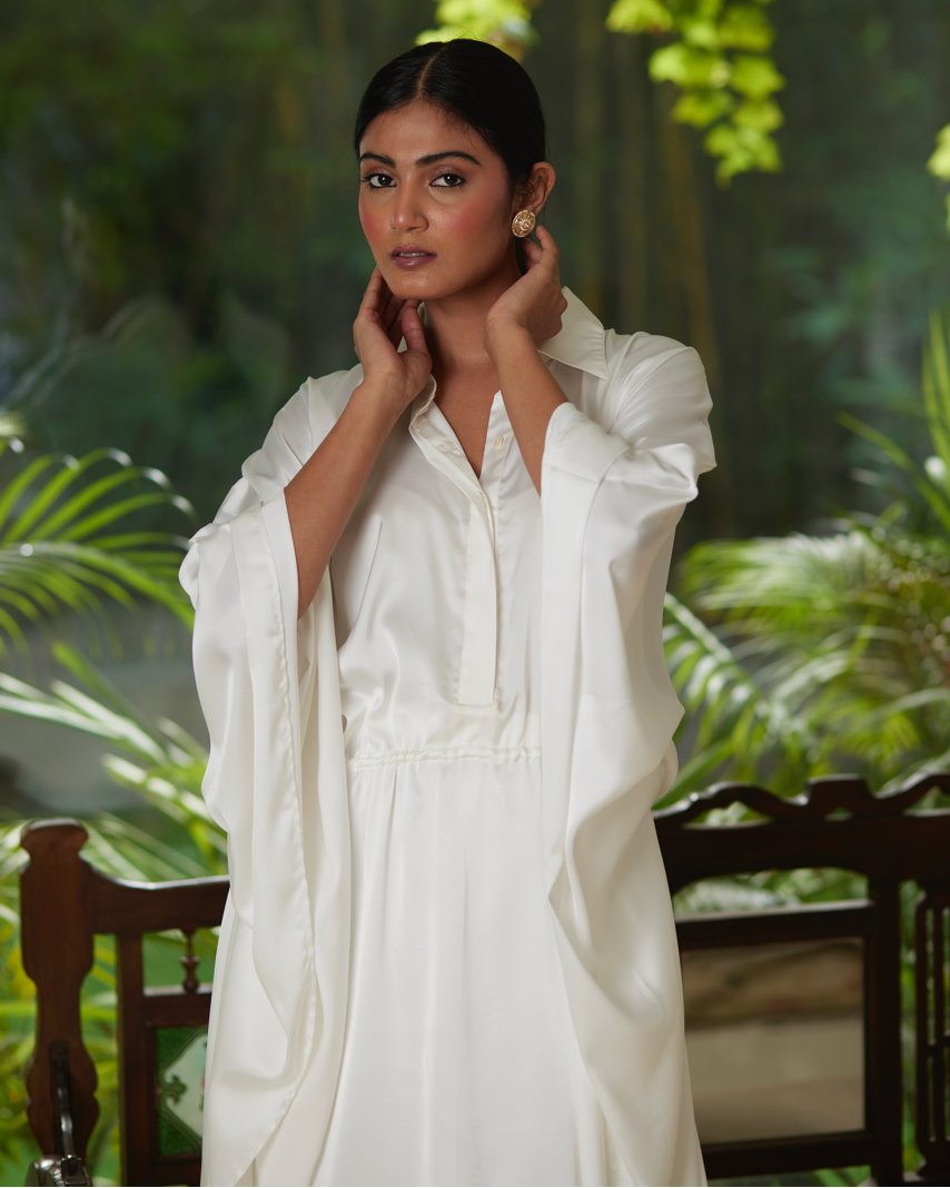 White Satin Silk Kaftan With Collar by Mayura Kumar with Ajrakh Heritage, Casual Wear, Dresses, Festive Wear, Kaftans, Mayura Kumar, Modal Silk, Relaxed Fit, Solids, White, Womenswear at Kamakhyaa for sustainable fashion