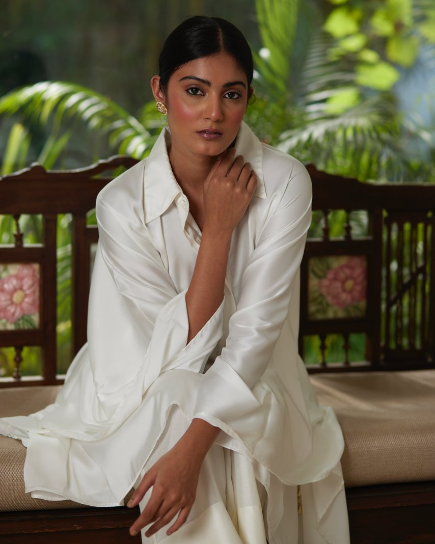 White Satin Silk Kaftan With Collar by Mayura Kumar with Ajrakh Heritage, Casual Wear, Dresses, Festive Wear, Kaftans, Mayura Kumar, Modal Silk, Relaxed Fit, Solids, White, Womenswear at Kamakhyaa for sustainable fashion