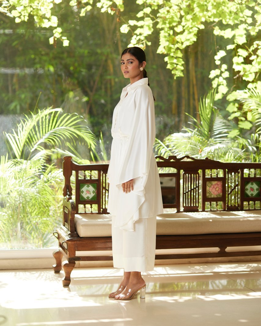 White Satin Silk Kaftan With Collar by Mayura Kumar with Ajrakh Heritage, Casual Wear, Dresses, Festive Wear, Kaftans, Mayura Kumar, Modal Silk, Relaxed Fit, Solids, White, Womenswear at Kamakhyaa for sustainable fashion