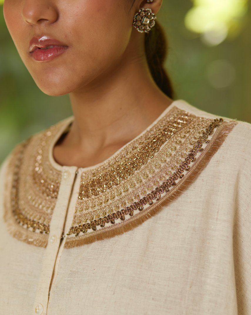 Off White Khadi Cotton Kurta Pant Set by Mayura Kumar with Casual Wear, Festive Wear, Kurta Pant Sets, Mayura Kumar, Off white, Regular Fit, Satin, Silk, Solids, Timeless Elegance, Womenswear at Kamakhyaa for sustainable fashion