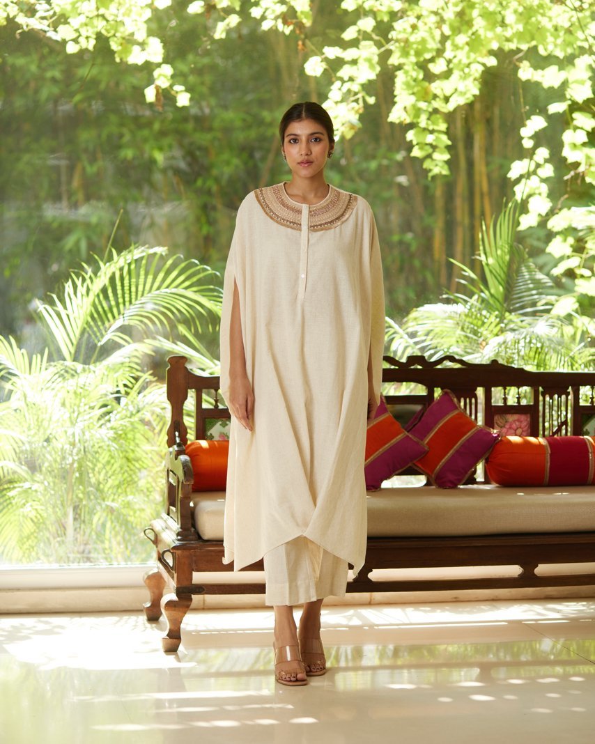 Off White Khadi Cotton Kurta Pant Set by Mayura Kumar with Casual Wear, Festive Wear, Kurta Pant Sets, Mayura Kumar, Off white, Regular Fit, Satin, Silk, Solids, Timeless Elegance, Womenswear at Kamakhyaa for sustainable fashion
