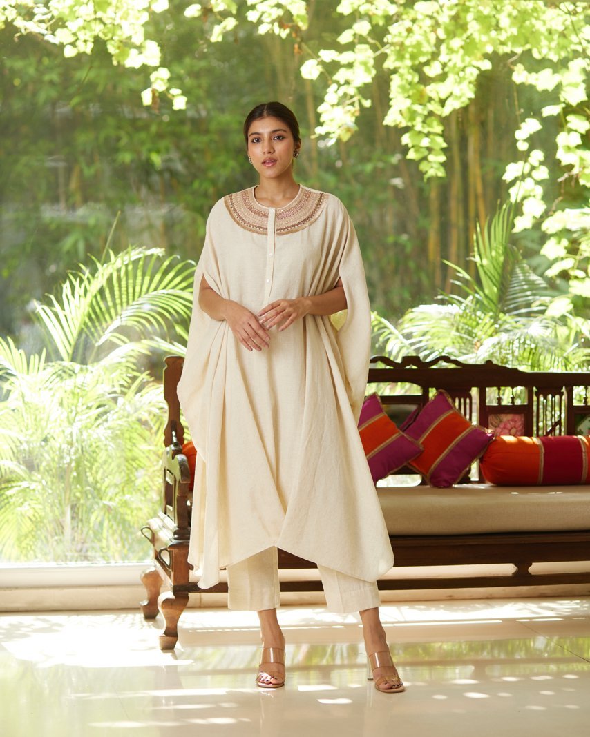 Off White Khadi Cotton Kurta Pant Set by Mayura Kumar with Casual Wear, Festive Wear, Kurta Pant Sets, Mayura Kumar, Off white, Regular Fit, Satin, Silk, Solids, Timeless Elegance, Womenswear at Kamakhyaa for sustainable fashion