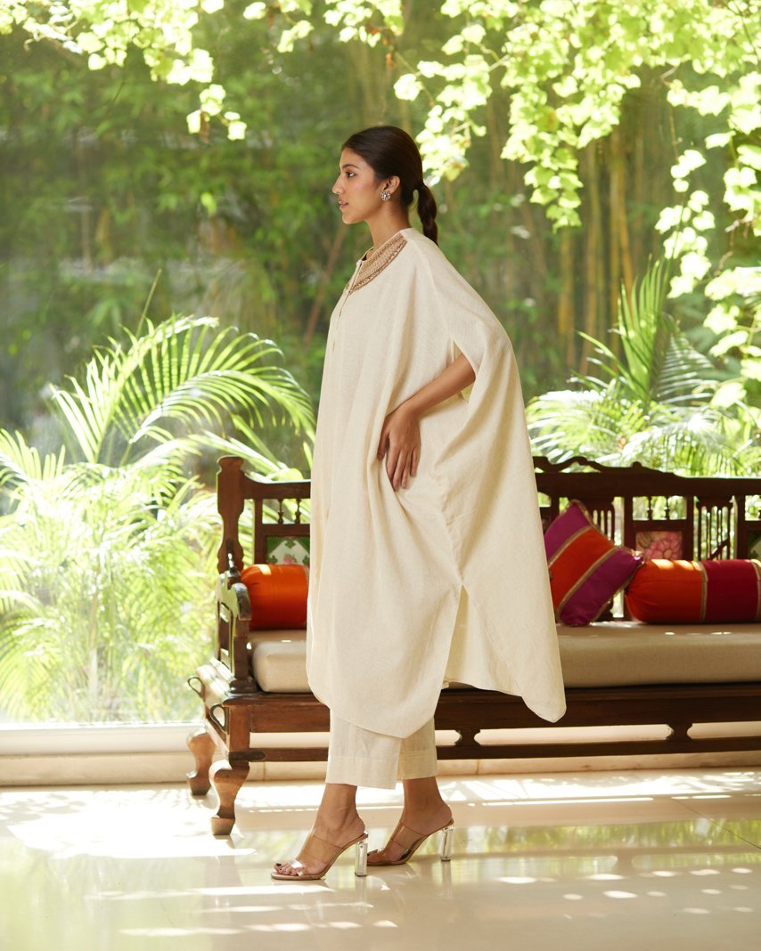 Off White Khadi Cotton Kurta Pant Set by Mayura Kumar with Casual Wear, Festive Wear, Kurta Pant Sets, Mayura Kumar, Off white, Regular Fit, Satin, Silk, Solids, Timeless Elegance, Womenswear at Kamakhyaa for sustainable fashion