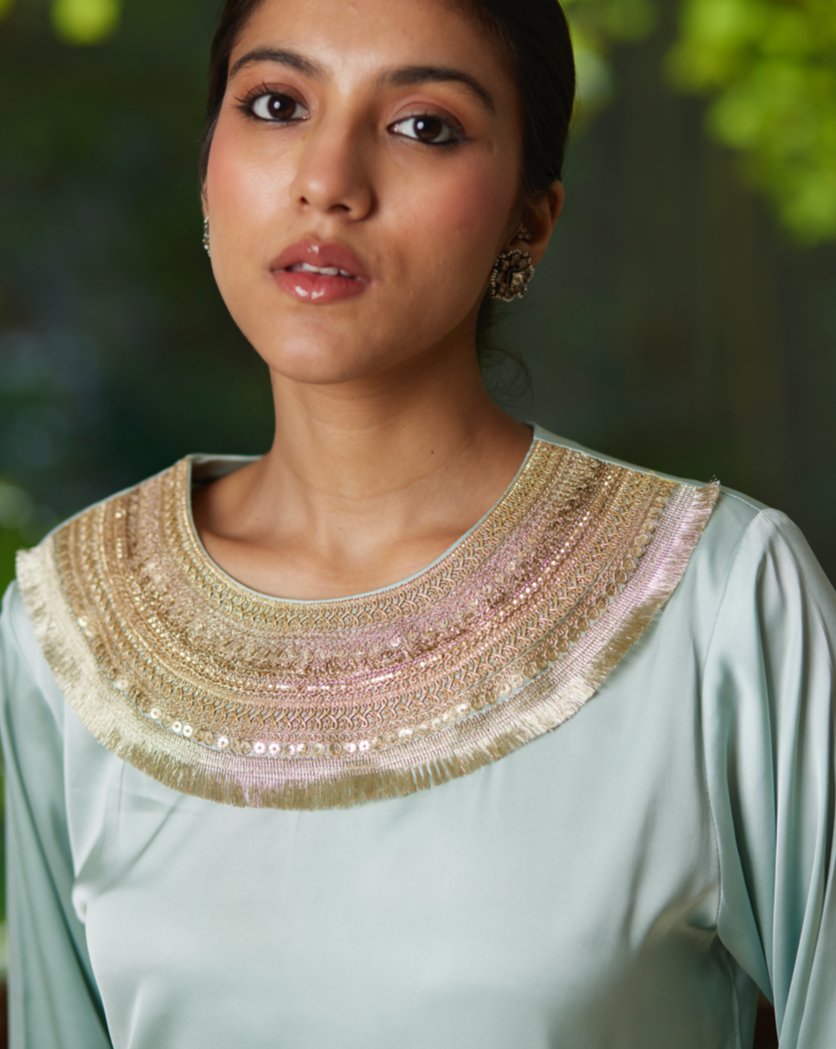 Green Satin Silk Kurta Pant Set by Mayura Kumar with Green, Kurta Pant Sets, Mayura Kumar, Regular Fit, Satin, Silk, Solids, Timeless Elegance, Womenswear at Kamakhyaa for sustainable fashion
