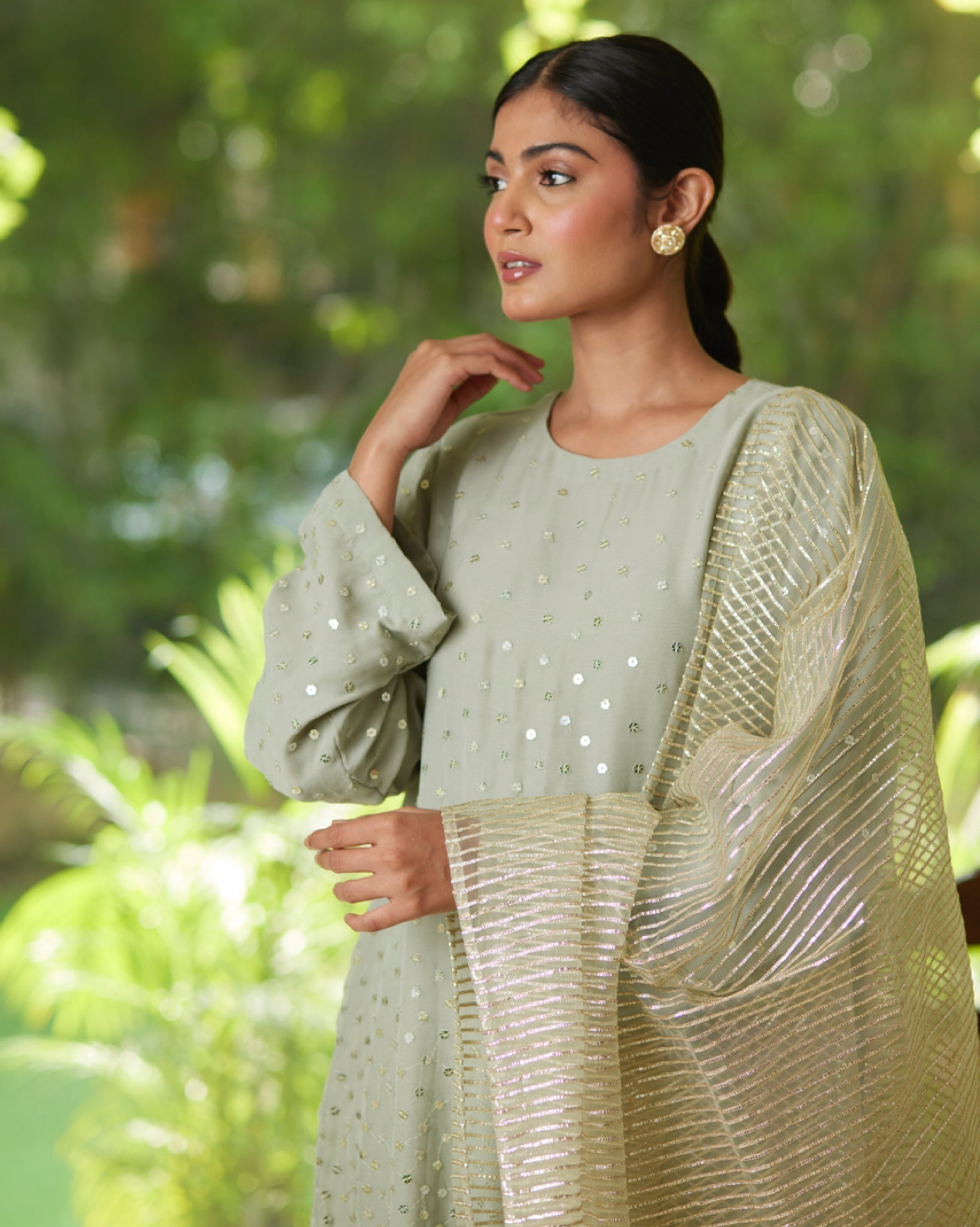 Green Gold Satin Silk Kurta Pant Set by Mayura Kumar with Casual Wear, Festive Wear, Gold, Green, Kurta Pant Sets, Mayura Kumar, Regular Fit, Satin, Silk, Silver, Solids, Timeless Elegance, Womenswear at Kamakhyaa for sustainable fashion