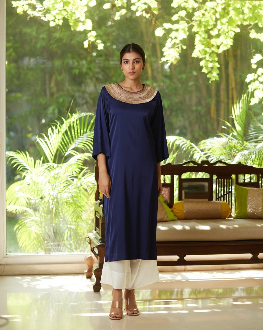Blue Satin Silk Kurta Set by Mayura Kumar with Blue, Casual Wear, Festive Wear, Kurta Pant Sets, Mayura Kumar, Regular Fit, Satin, Silk, Solids, Timeless Elegance, Womenswear at Kamakhyaa for sustainable fashion