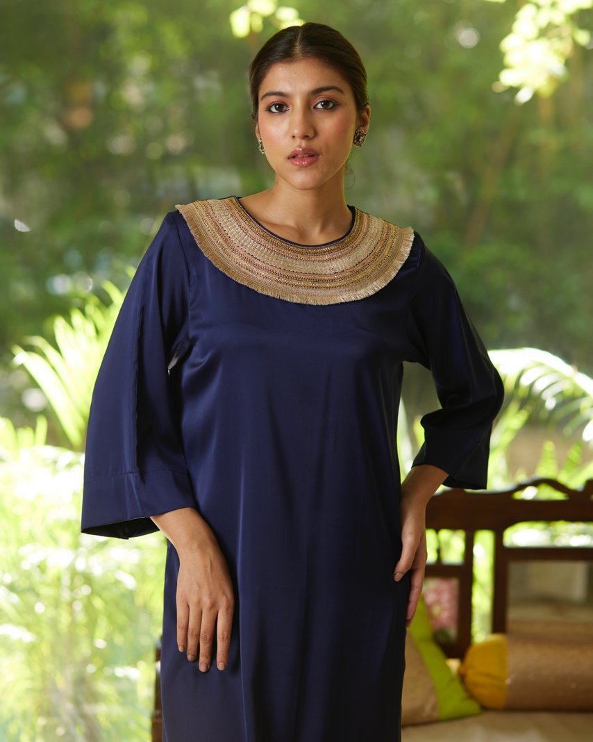 Blue Satin Silk Kurta Set by Mayura Kumar with Blue, Casual Wear, Festive Wear, Kurta Pant Sets, Mayura Kumar, Regular Fit, Satin, Silk, Solids, Timeless Elegance, Womenswear at Kamakhyaa for sustainable fashion