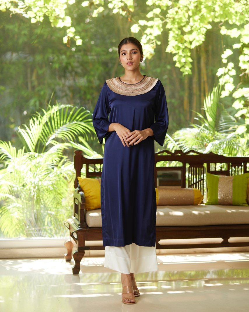 Blue Satin Silk Kurta Set by Mayura Kumar with Blue, Casual Wear, Festive Wear, Kurta Pant Sets, Mayura Kumar, Regular Fit, Satin, Silk, Solids, Timeless Elegance, Womenswear at Kamakhyaa for sustainable fashion