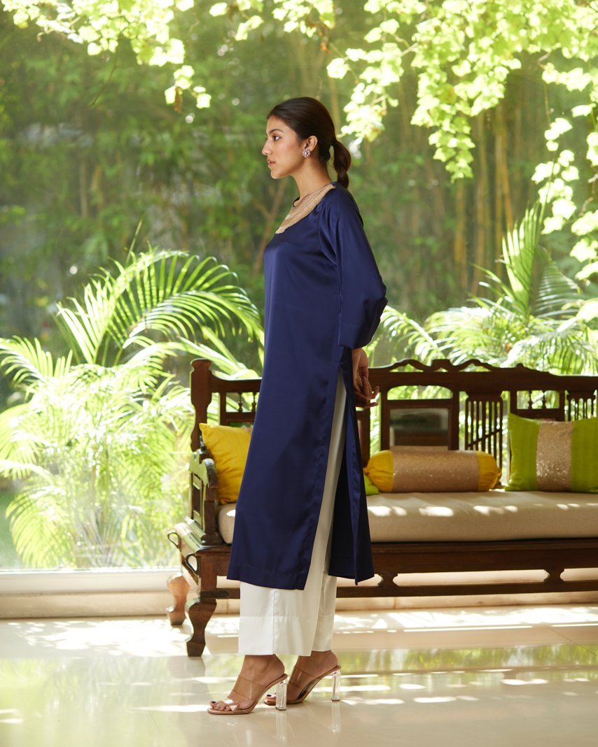 Blue Satin Silk Kurta Set by Mayura Kumar with Blue, Casual Wear, Festive Wear, Kurta Pant Sets, Mayura Kumar, Regular Fit, Satin, Silk, Solids, Timeless Elegance, Womenswear at Kamakhyaa for sustainable fashion