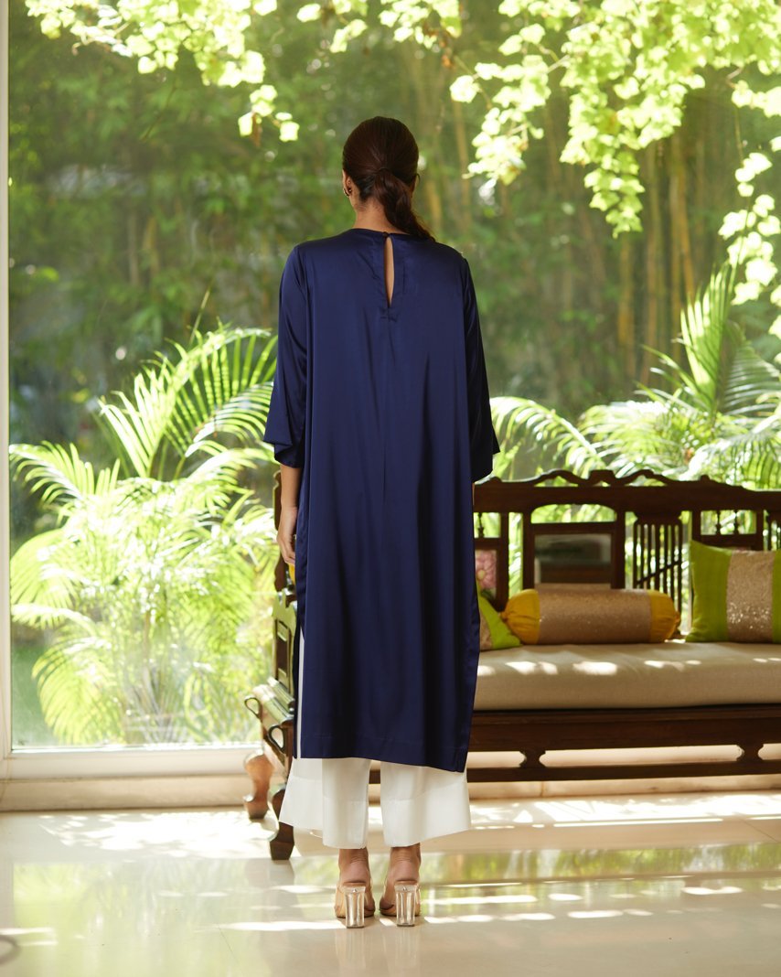 Blue Satin Silk Kurta Set by Mayura Kumar with Blue, Casual Wear, Festive Wear, Kurta Pant Sets, Mayura Kumar, Regular Fit, Satin, Silk, Solids, Timeless Elegance, Womenswear at Kamakhyaa for sustainable fashion