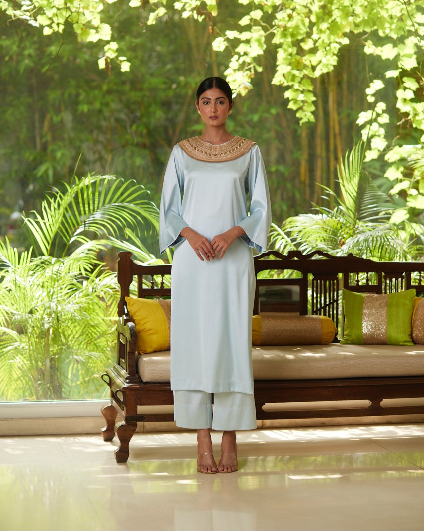 Blue Satin Silk Kurta Pant Set by Mayura Kumar with Blue, Casual Wear, Festive Wear, Kurta Pant Sets, Mayura Kumar, Regular Fit, Satin, Silk, Solids, Timeless Elegance, Womenswear at Kamakhyaa for sustainable fashion