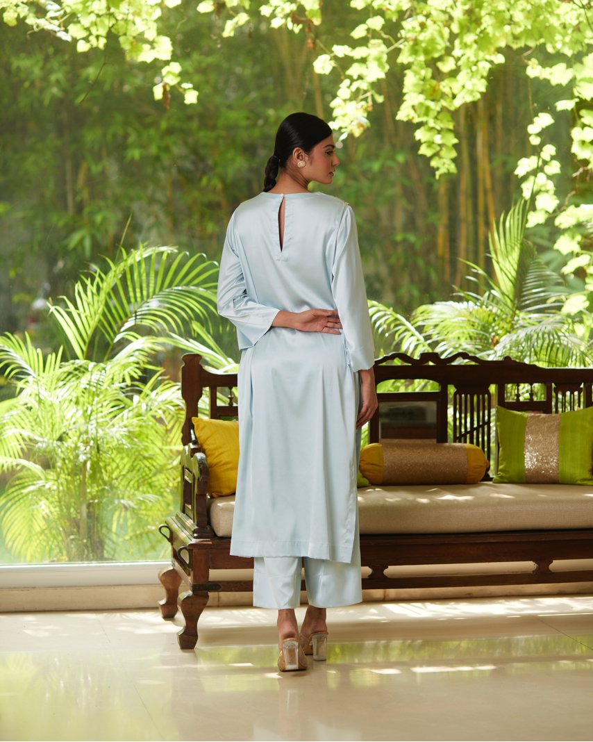 Blue Satin Silk Kurta Pant Set by Mayura Kumar with Blue, Casual Wear, Festive Wear, Kurta Pant Sets, Mayura Kumar, Regular Fit, Satin, Silk, Solids, Timeless Elegance, Womenswear at Kamakhyaa for sustainable fashion